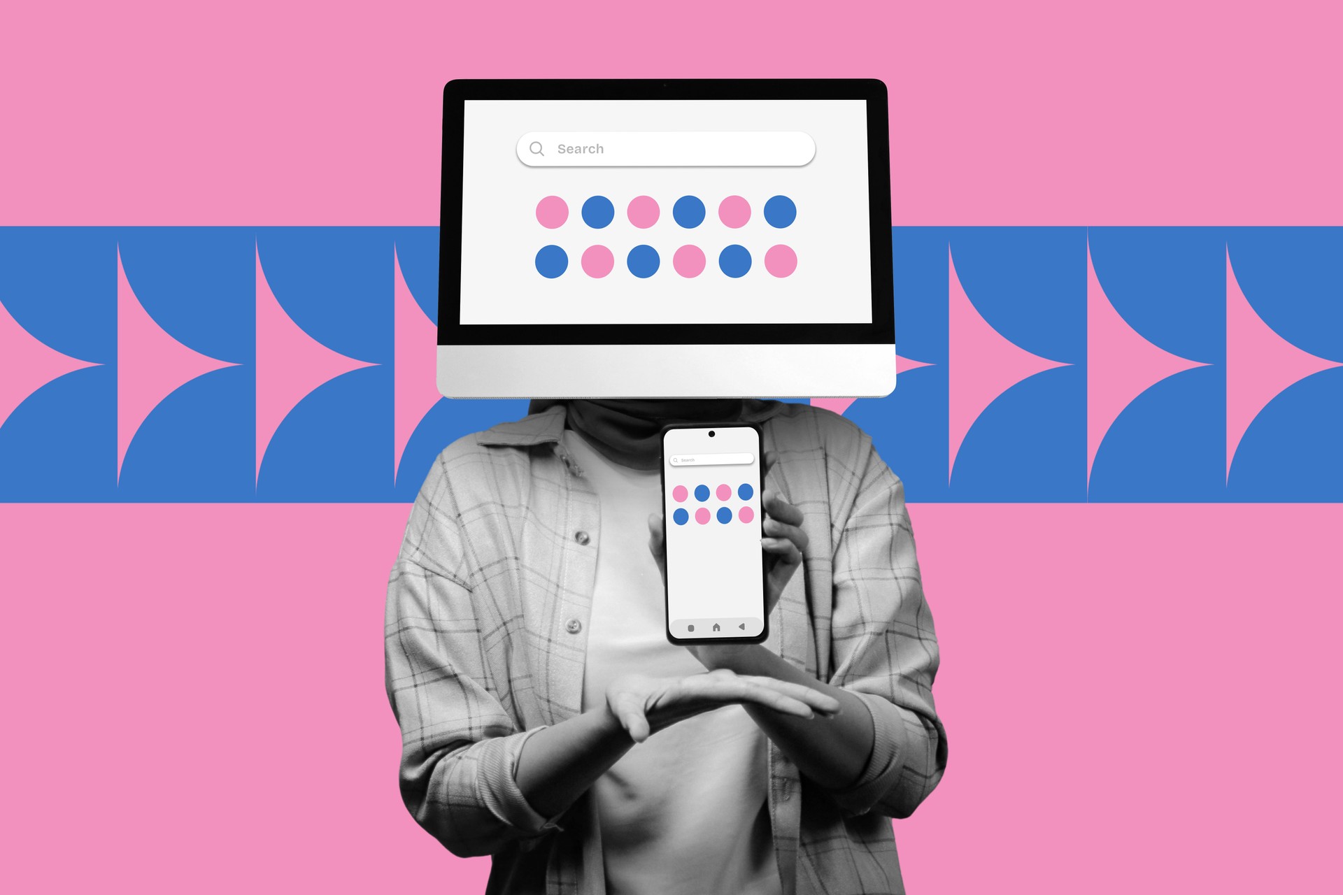 Web developer working on user interface design, wireframes on desktop and smartphone screen