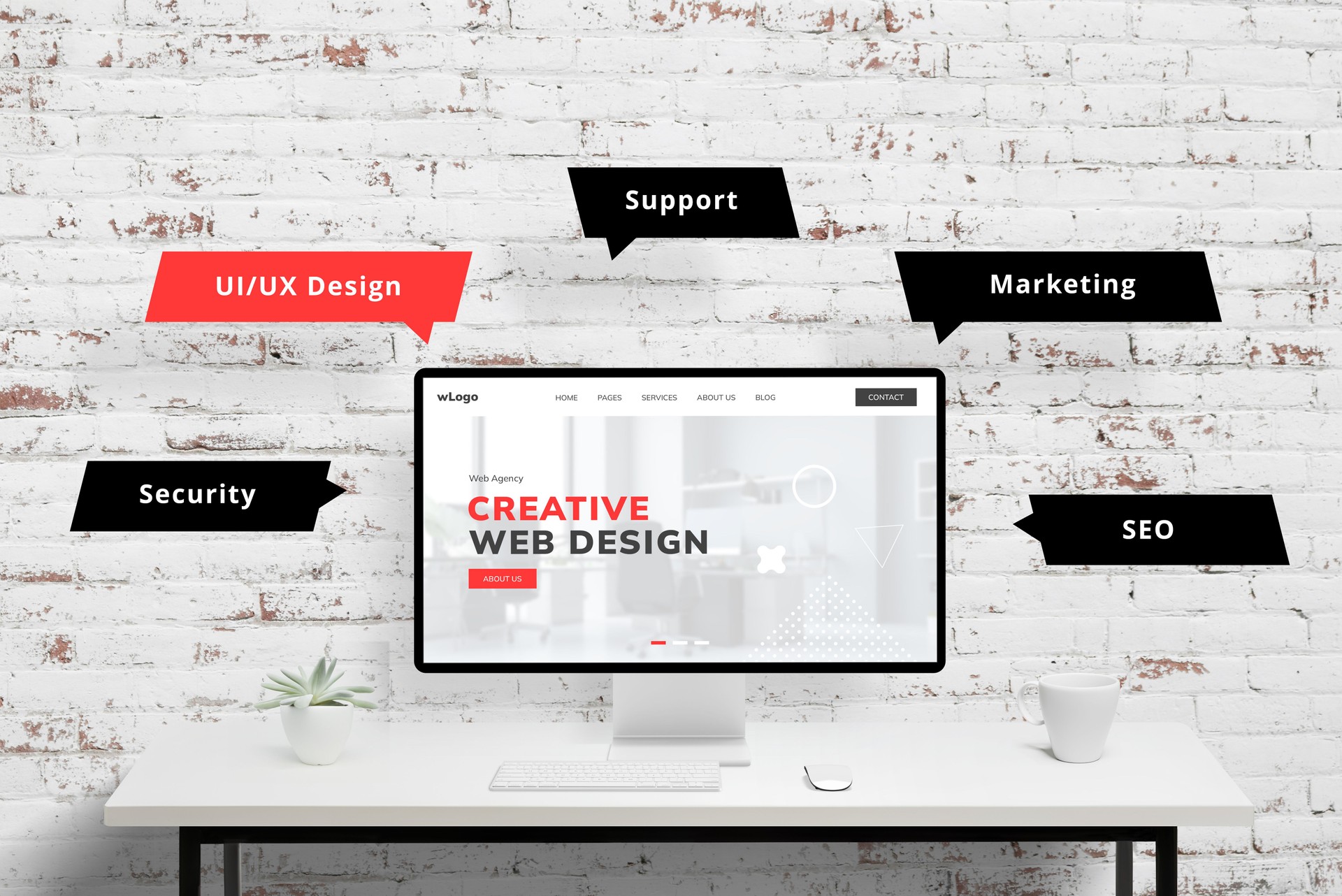 Creative web design agency page with UI, UX design, support, marketing, SEO, security elements flying around. Agency concept presentation visualized in modern style